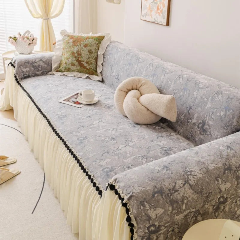 Autumn Universal Chenille Sofa Cover French Ruffled Edge Creamy Mats Aesthetic Flower Printed Anti-Slip Patchwork Couch Cushion